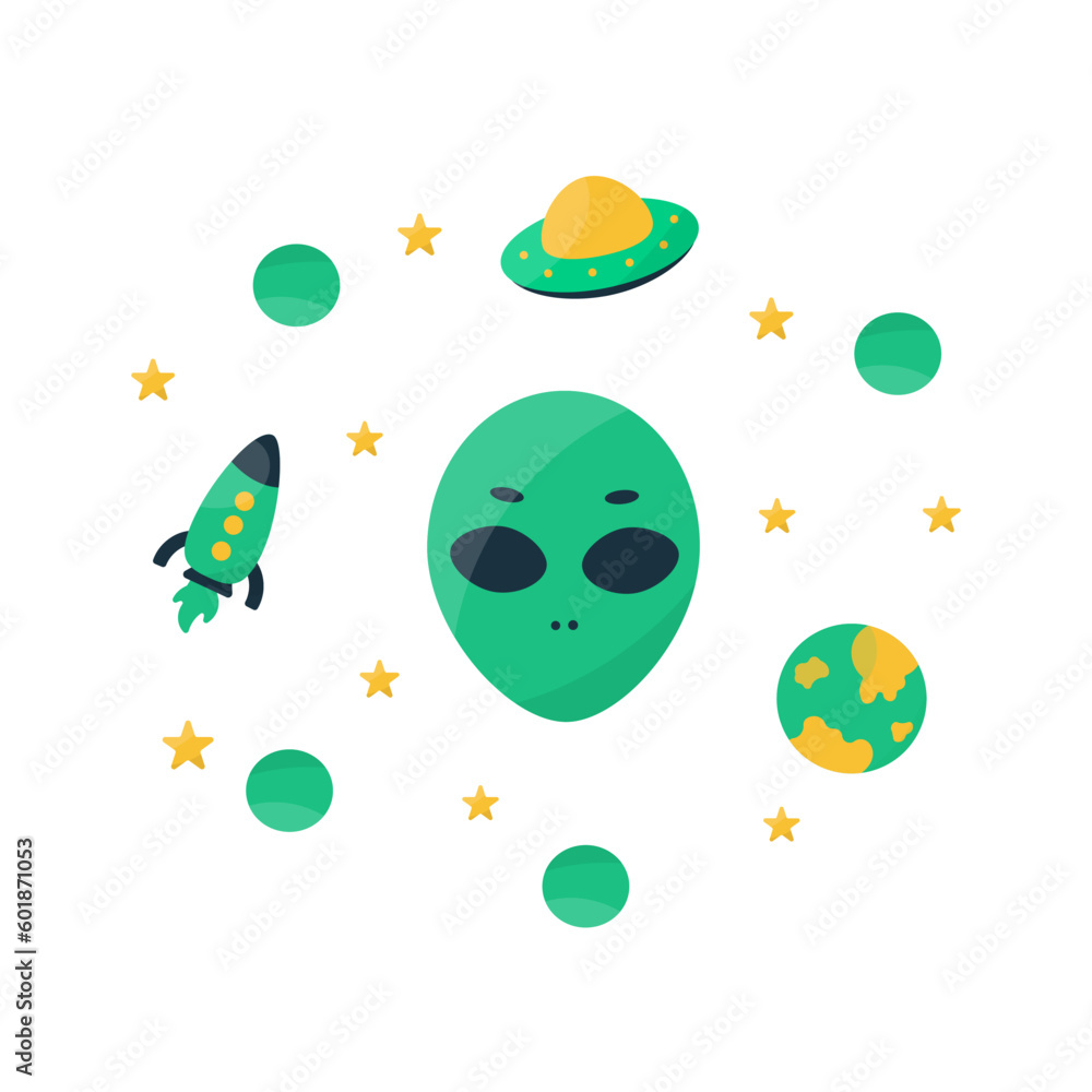 Fototapeta premium alien ufo cosmic faces space planets spaceship unknown stars elements