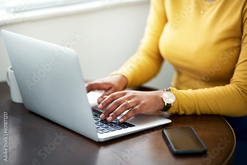 Typing, computer and woman hands for planning, website research and creative blog with remote work or opportunity, Startup, software and person search job on laptop, copywriting ideas or inspiration