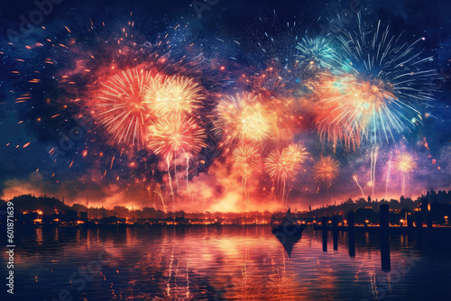ai generative illustrations - colorful fireworks explode against a dark background, vibrant fantasy landscapes