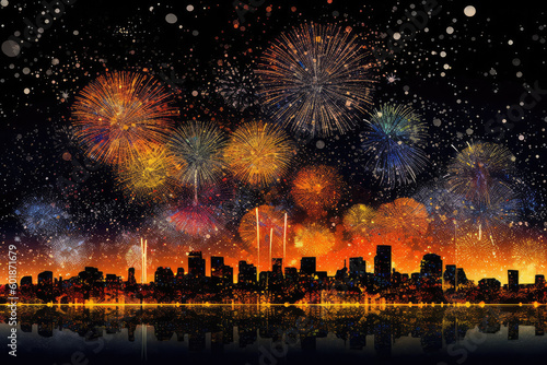ai generative illustrations  - colorful fireworks explode against a dark background, vibrant fantasy landscapes © ted