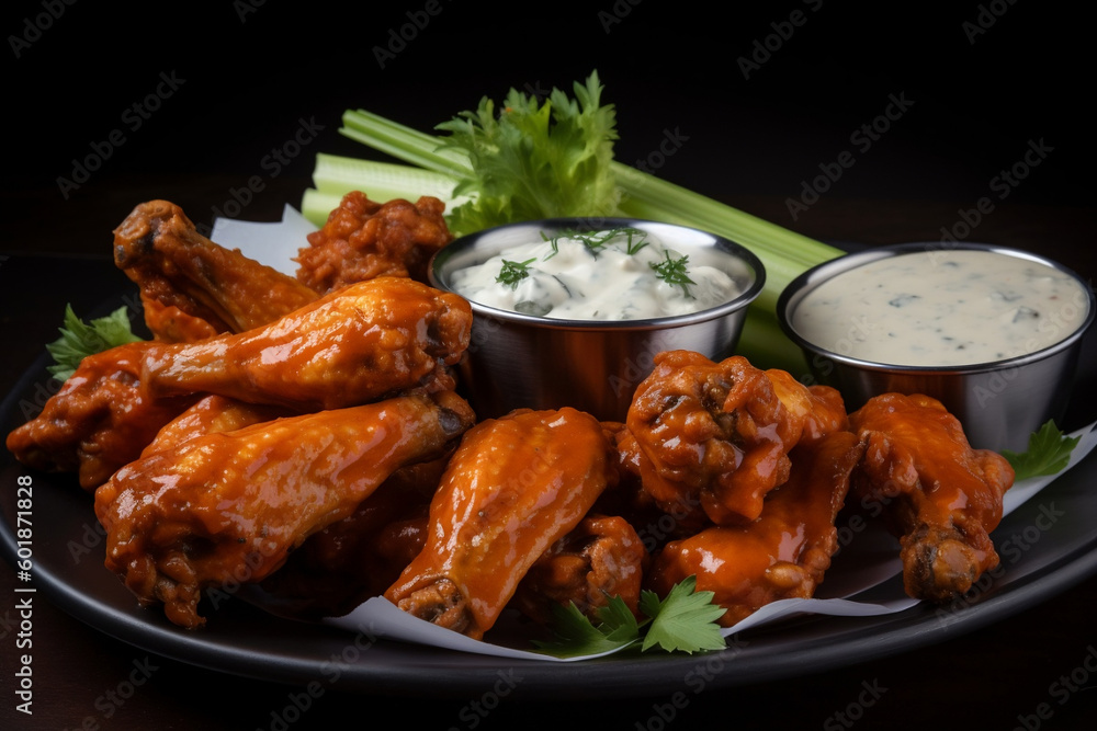 Fototapeta premium A platter of juicy, flavorful hot wings tossed in a spicy sauce, served with a side of blue cheese dressing, AI-generated art, Generative AI, illustration 
