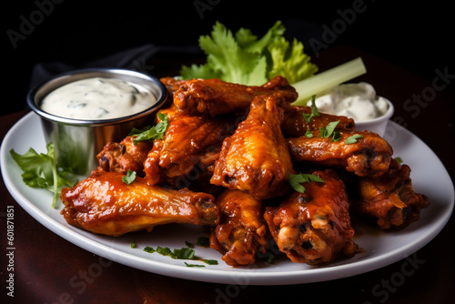A platter of juicy, flavorful hot wings tossed in a spicy sauce, served with a side of blue cheese dressing, AI-generated art, Generative AI, illustration 