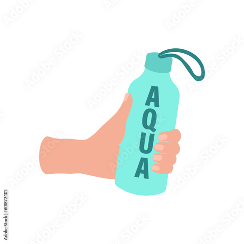 Drink more water. Cartoon water bottles  in a female hand. Sports bottle with liquids.The concept of a healthy lifestyle, water balance. Image for sports design, stickers, web design elements, banner