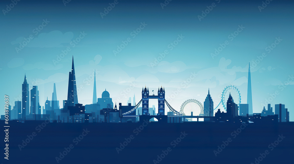A city skyline with a ferris wheel in the foreground. Generative AI. Imaginary fantasy London skyline