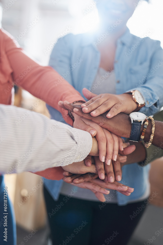 Hands together, team building and support with diversity, collaboration and creative group at startup. Motivation, solidarity and trust with teamwork, hand stack for goal with people in community