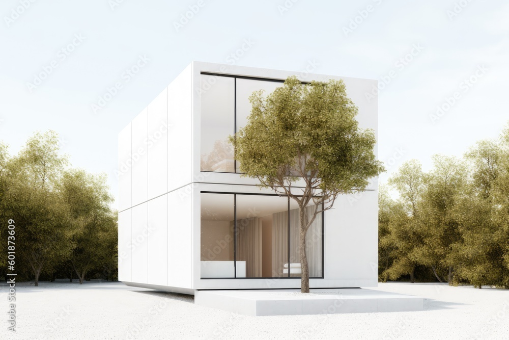 minimalist white building with a solitary tree in the foreground Generative AI