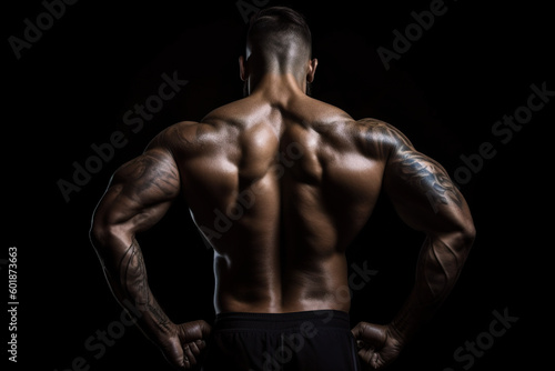 A man, male bodybuilder with his back turned to the camera on black background. Generative AI. © tilialucida