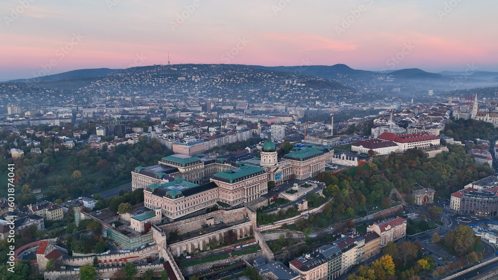 Aerial skyline view of Budapest with Buda Castle Royal Palace and River Danube at sunrise, Hungary