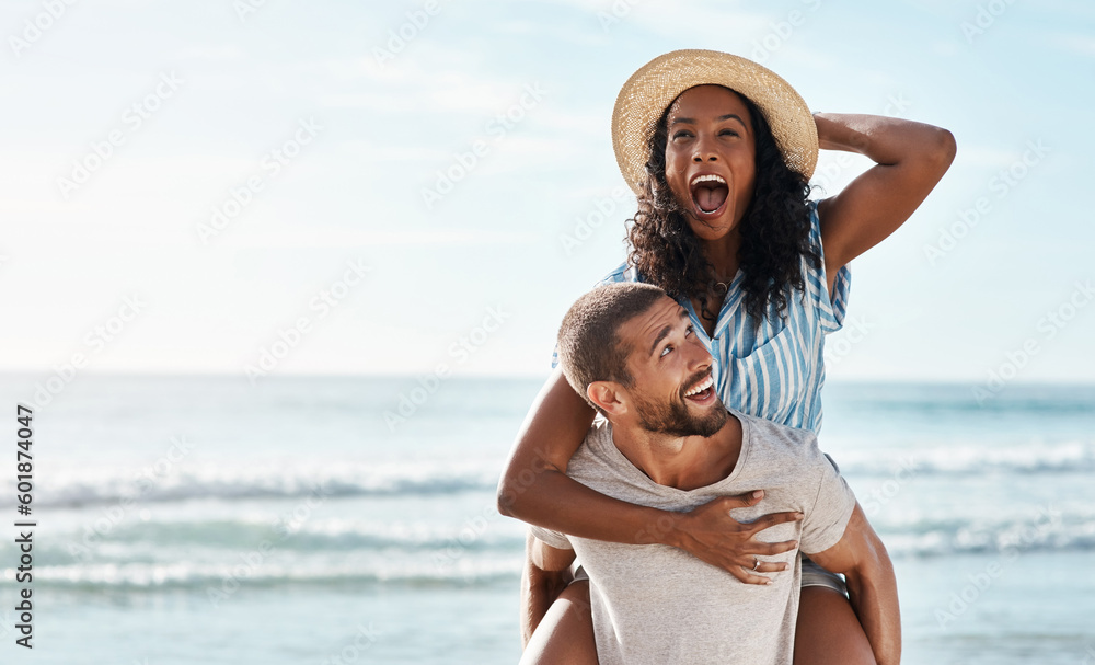 Beach, piggy back and woman with happy man on romantic summer holiday with mockup space and travel to ocean. Romance, happiness and excited couple at sea for adventure on vacation together in Cancun. - obrazy, fototapety, plakaty 
