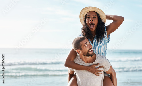 Canvastavla Beach, piggy back and woman with happy man on romantic summer holiday with mockup space and travel to ocean