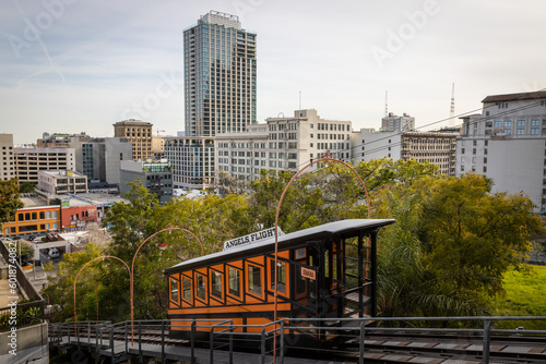 Historic Angels Flight funicular railway with downtown Los Angeles cityscape
