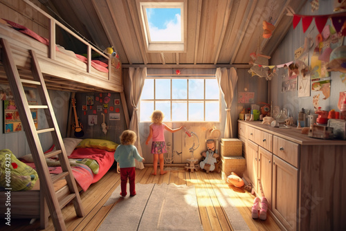 A little girl standing in a room next to a bunk bed. Tiny house interior. Generative AI. photo