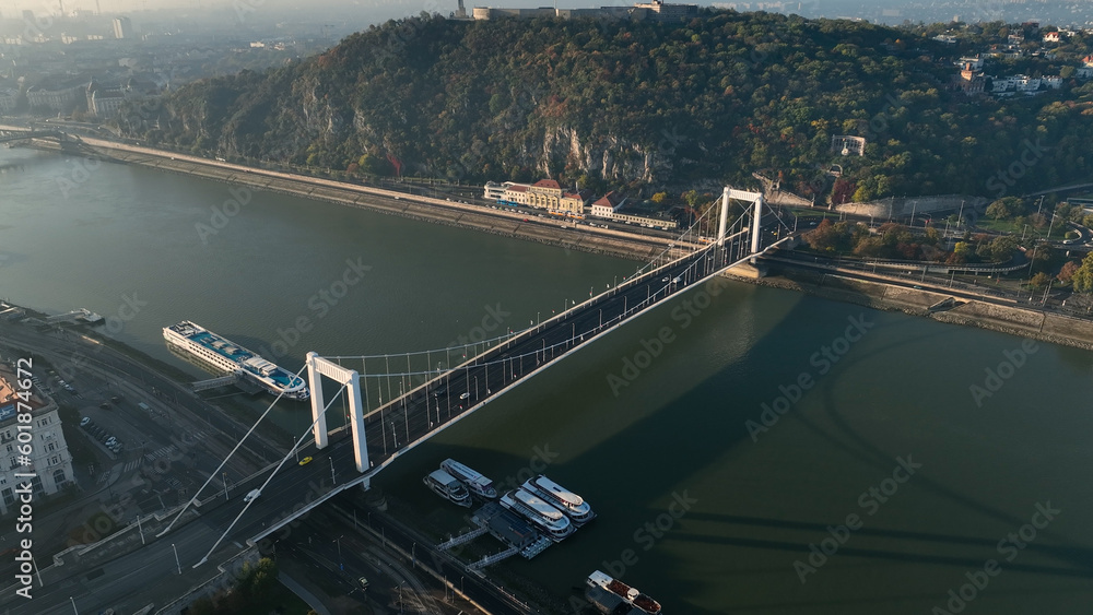 Obraz premium Aerial View of Budapest, Hungary. Elisabeth Bridge or Erzsebet hid is the third newest bridge of Budapest, Hungary, connecting Buda and Pest