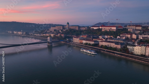 Aerial skyline view of Budapest with Buda Castle Royal Palace and River Danube at sunrise, Hungary