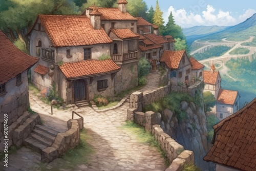 quaint village perched on the edge of a rocky cliff overlooking the sea Generative AI