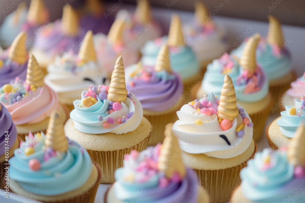 Cute unicorn theme birthday party cupcakes, ai