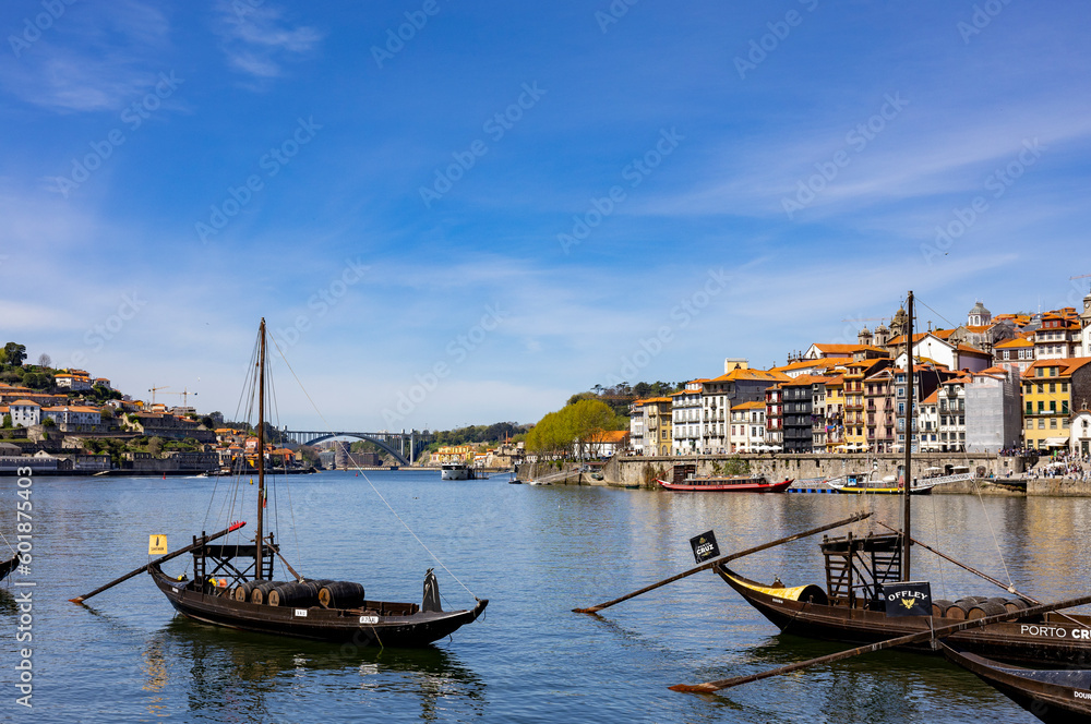 View of Douro river and old Rabelo tradition port wine boats.