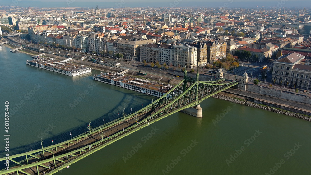 Aerial view of Budapest Szabadsag hid (Liberty Bridge or Freedom Bridge), connects Buda and Pest across the River Danube