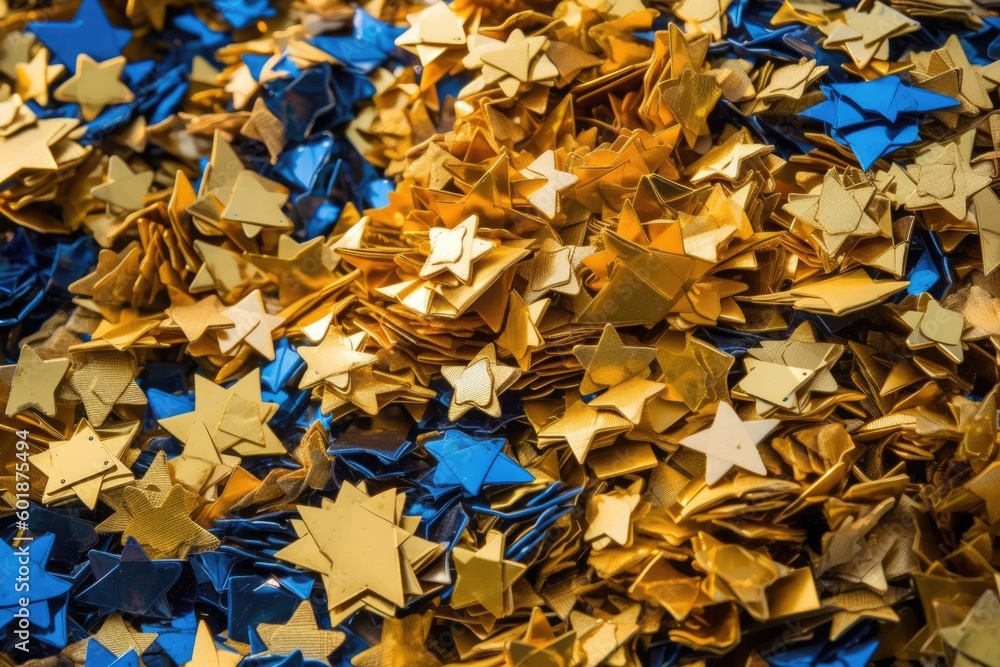 festive pile of gold and blue star confetti Generative AI