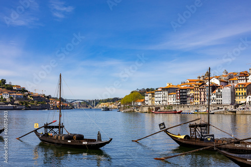 View of Douro river and old Rabelo tradition port wine boats.