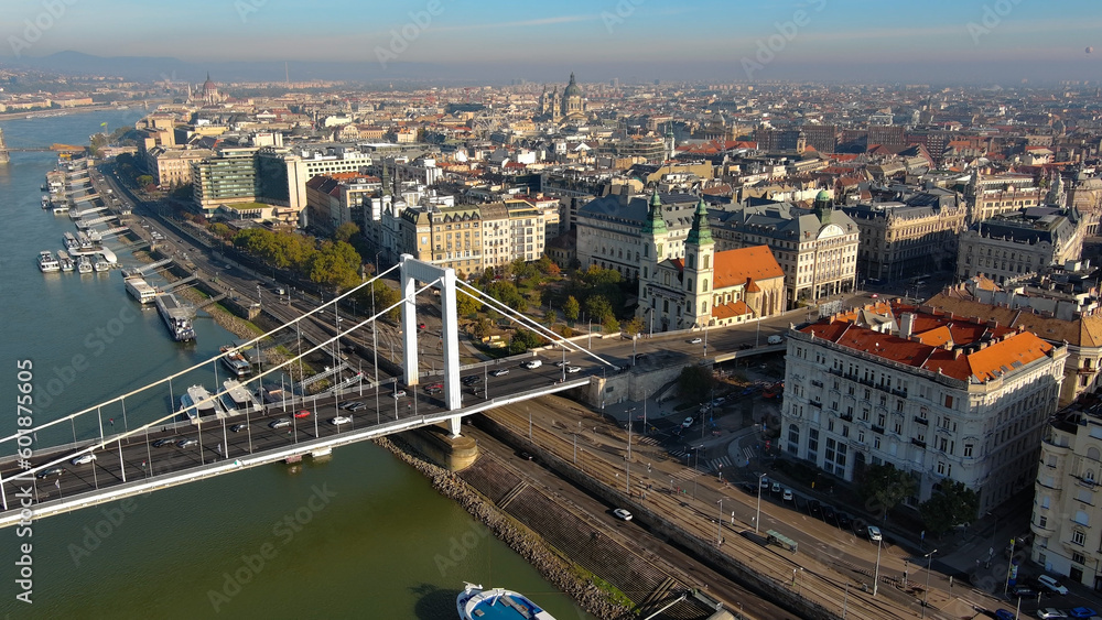 Aerial View of Budapest, Hungary. Elisabeth Bridge or Erzsebet hid is the third newest bridge of Budapest, Hungary, connecting Buda and Pest