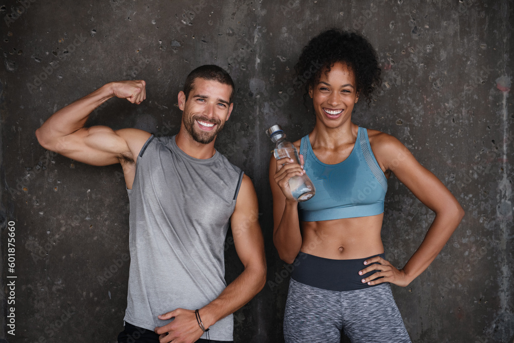 Fitness, muscle flex and portrait of couple in city after workout, body builder training and exercise. Sports, water bottle and man and woman sweating after running for endurance, wellness and energy - obrazy, fototapety, plakaty 