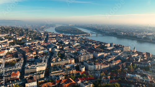 Budapest city sunrise skyline, aerial view. Danube river, Buda side, Hungary