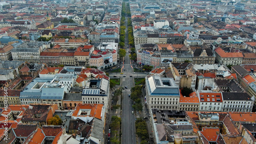Aerial view of Budapest, Andrassy Avenue, Oktogon square, Pest Hungary