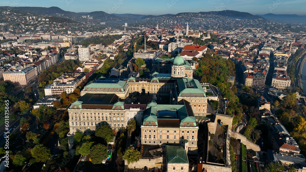 Buda Castle Royal Palace, Establishing Aerial View Shot of Budapest, Hungary