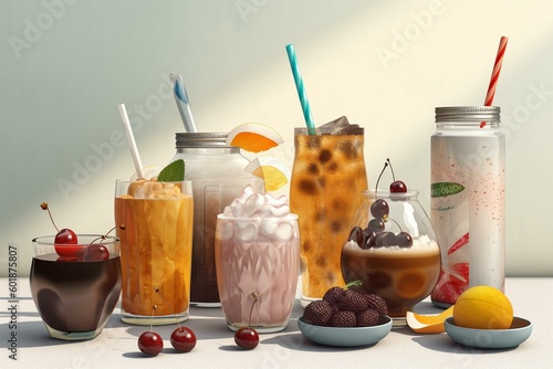 Illustrated summer refreshments including cold drinks, ice cream, frappes, and coffee. Generative AI photo