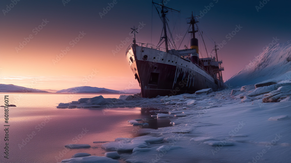 Abandoned ship on ice covered shore in winter, AI generative image