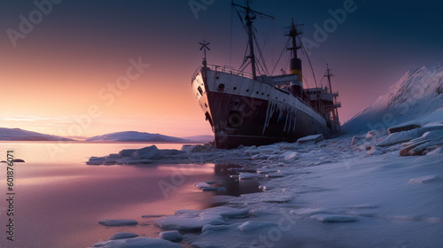 Abandoned ship on ice covered shore in winter, AI generative image © tilialucida