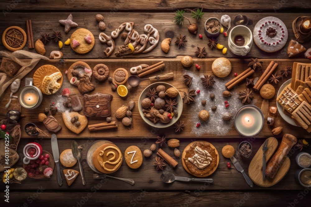 diverse selection of food items arranged on a wooden table Generative AI