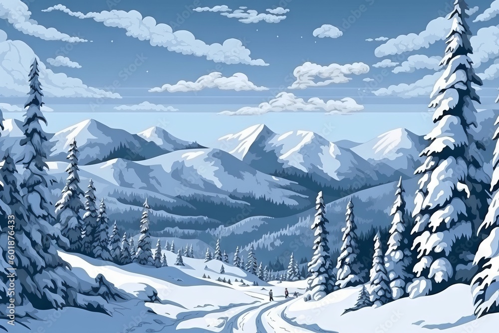 Winter Wonderland: Pixel Art Mountain Landscape, Generative AI