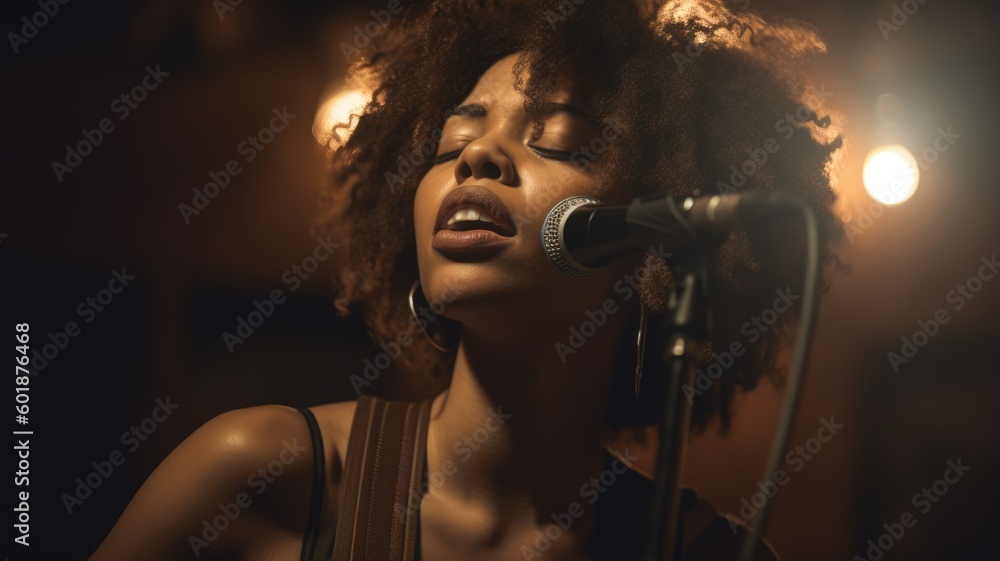 Musician Female African-American Young adult Singing and playing guitar on stage in Music venue. Generative AI AIG22. - obrazy, fototapety, plakaty 