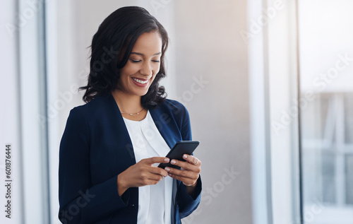 Entrepreneur, smile and woman with a smartphone, typing or connection with text message, check emails or chatting. Female person, employee or consultant with a cellphone, mobile app or online reading