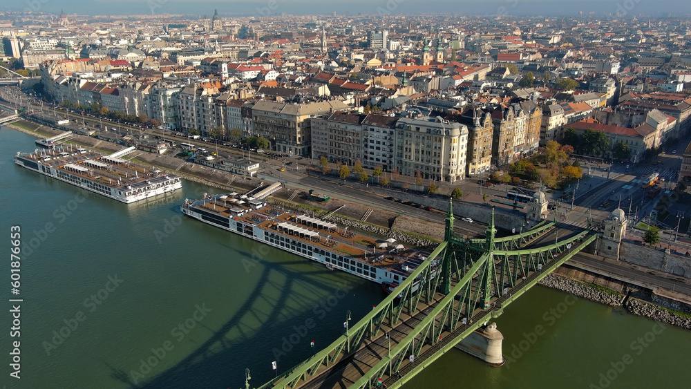 Aerial view of Budapest Szabadsag hid (Liberty Bridge or Freedom Bridge), connects Buda and Pest across the River Danube
