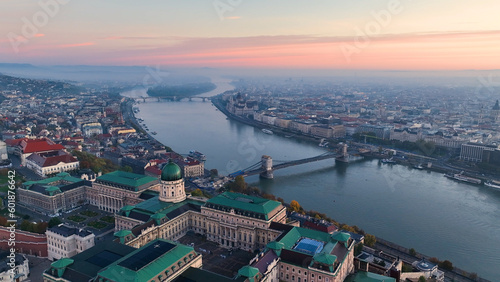 Aerial skyline view of Budapest with Buda Castle Royal Palace and River Danube at sunrise, Hungary