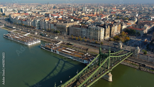 Aerial view of Budapest Szabadsag hid  Liberty Bridge or Freedom Bridge   connects Buda and Pest across the River Danube