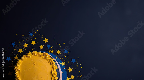 Kuchen mit gelb-blauer Glasur und Sternen zur Feier des Europatags (Generative AI)