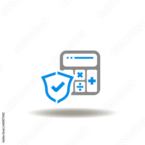 Vector illustration of calculator and shield with check mark. Icon of money management. Symbol of accounting and calculation.