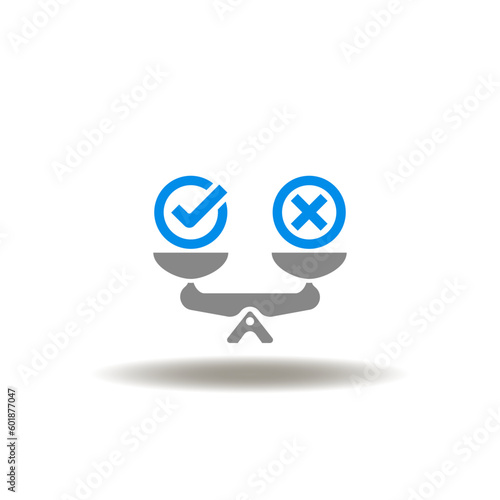 Vector illustration of seesaw with check and cross marks. Icon of code of conduct. Symbol of balance between yes and no. Sign of law and compliance.