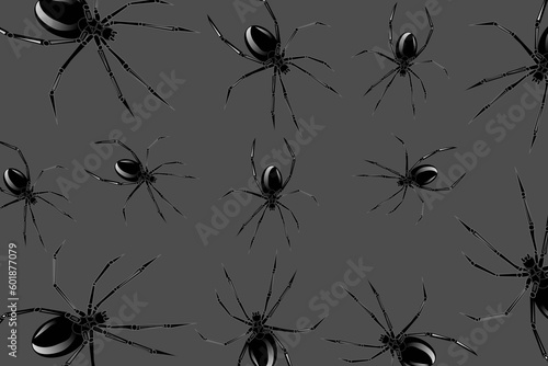 Abstract background with spiders. Black widow spiders scattered on a dark grey background. The concept of poisonous animals	