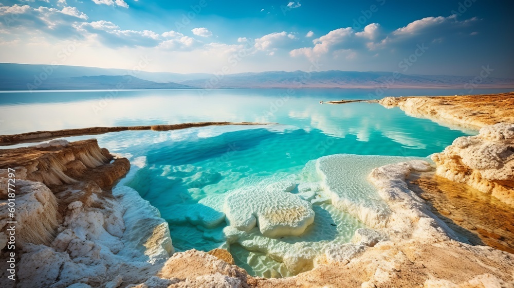 Mountain and the blue Dead Sea in Israel. Generative AI - obrazy, fototapety, plakaty 