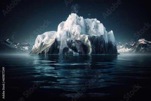 White iceberg submerged in water representing global warming. Iceberg in clear blue water and hidden danger under water. Realistic 3D illustration. Generative AI