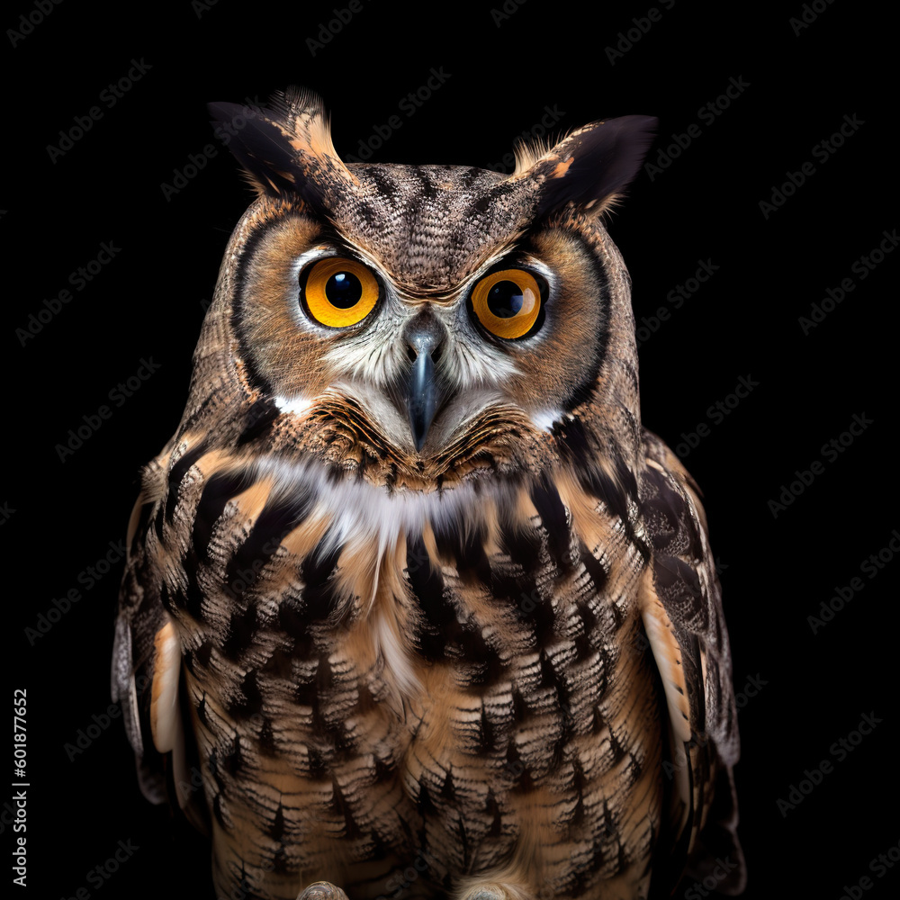 A close up of an owl on a black background. Generative AI. A close up of an owl on a black background. Generative AI.