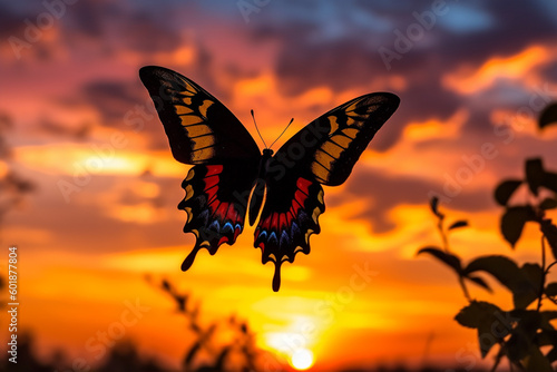 Silhouette of a butterfly against a vibrant sunset sky  made with generative ai
