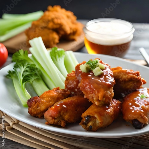 A platter of fried chicken wings that are coated in a spicy