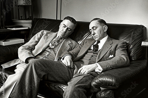 two psychoanalysts in suits sleeping on the couch - generative AI