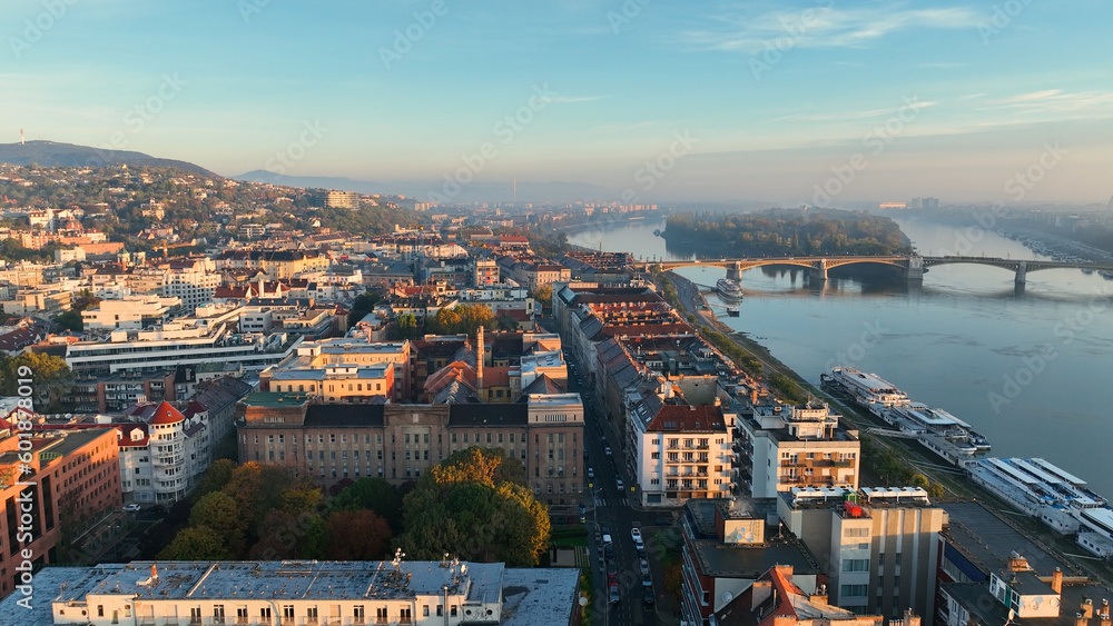 Fototapeta premium Budapest city sunrise skyline, aerial view. Danube river, Buda side, Hungary